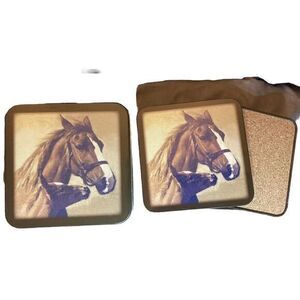 Coasters‎ Foal Mare Horse Cork Back Equestrian Art Decor Set of 4 In Tin Box